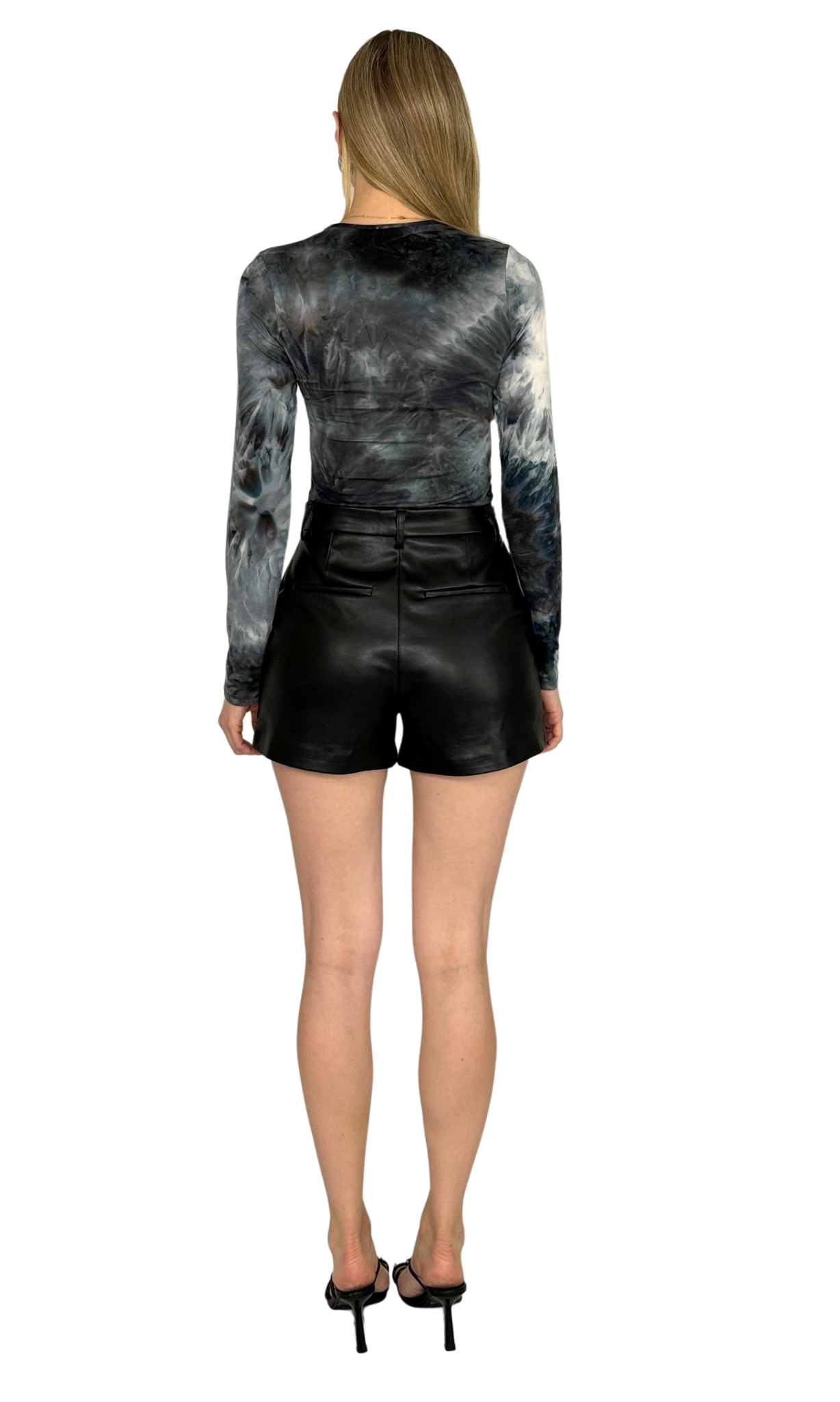 Long sleeve tie-dye bodysuit featuring a crew neckline, snap closure at the crotch, and a flattering bikini-thong hybrid bottom cut in lightweight, breathable fabric.