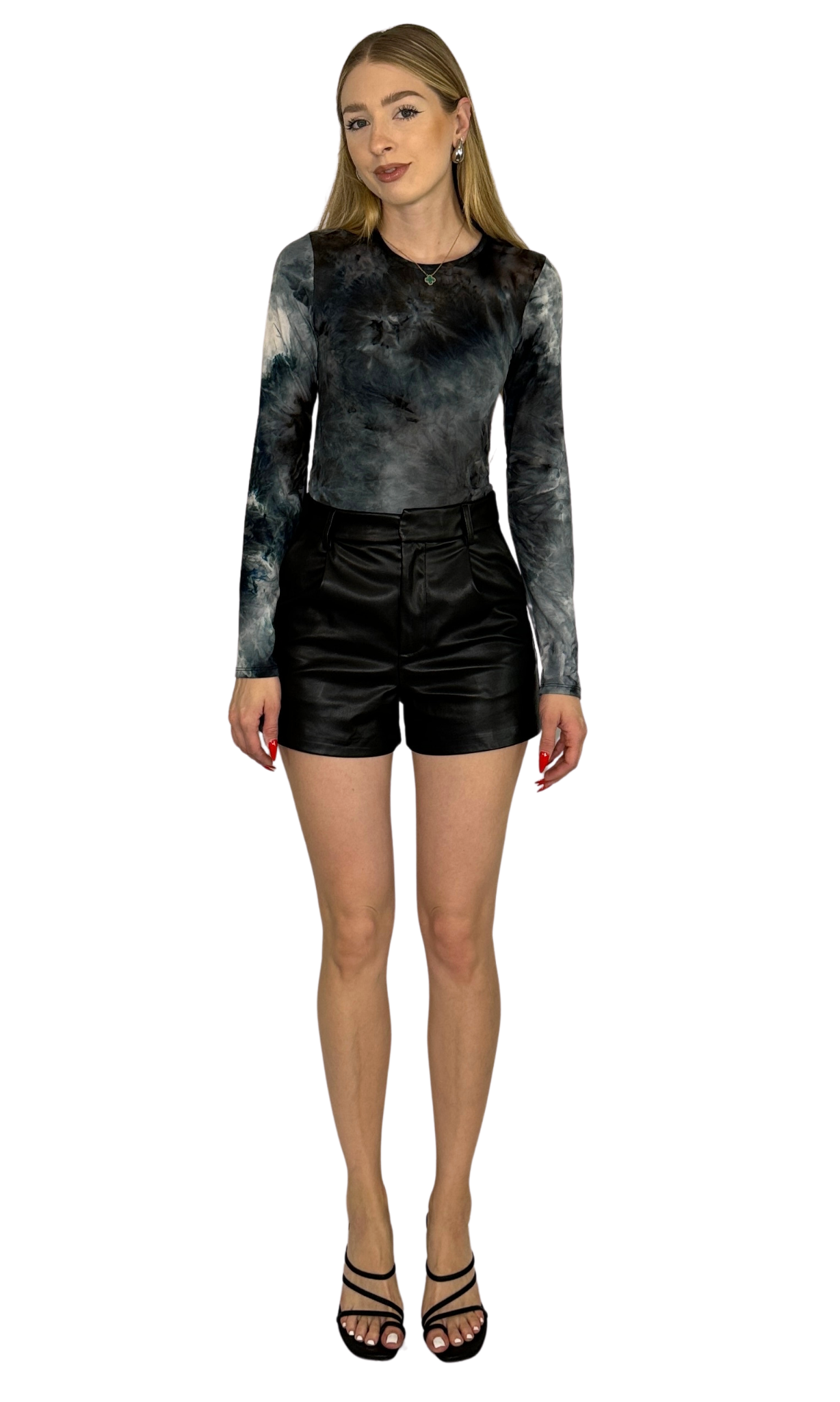 Long sleeve tie-dye bodysuit featuring a crew neckline, snap closure at the crotch, and a flattering bikini-thong hybrid bottom cut in lightweight, breathable fabric.