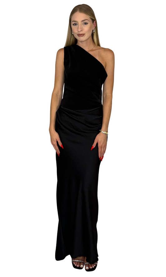 One-shoulder maxi dress with draped hip detail, smooth bodice, and flowing skirt