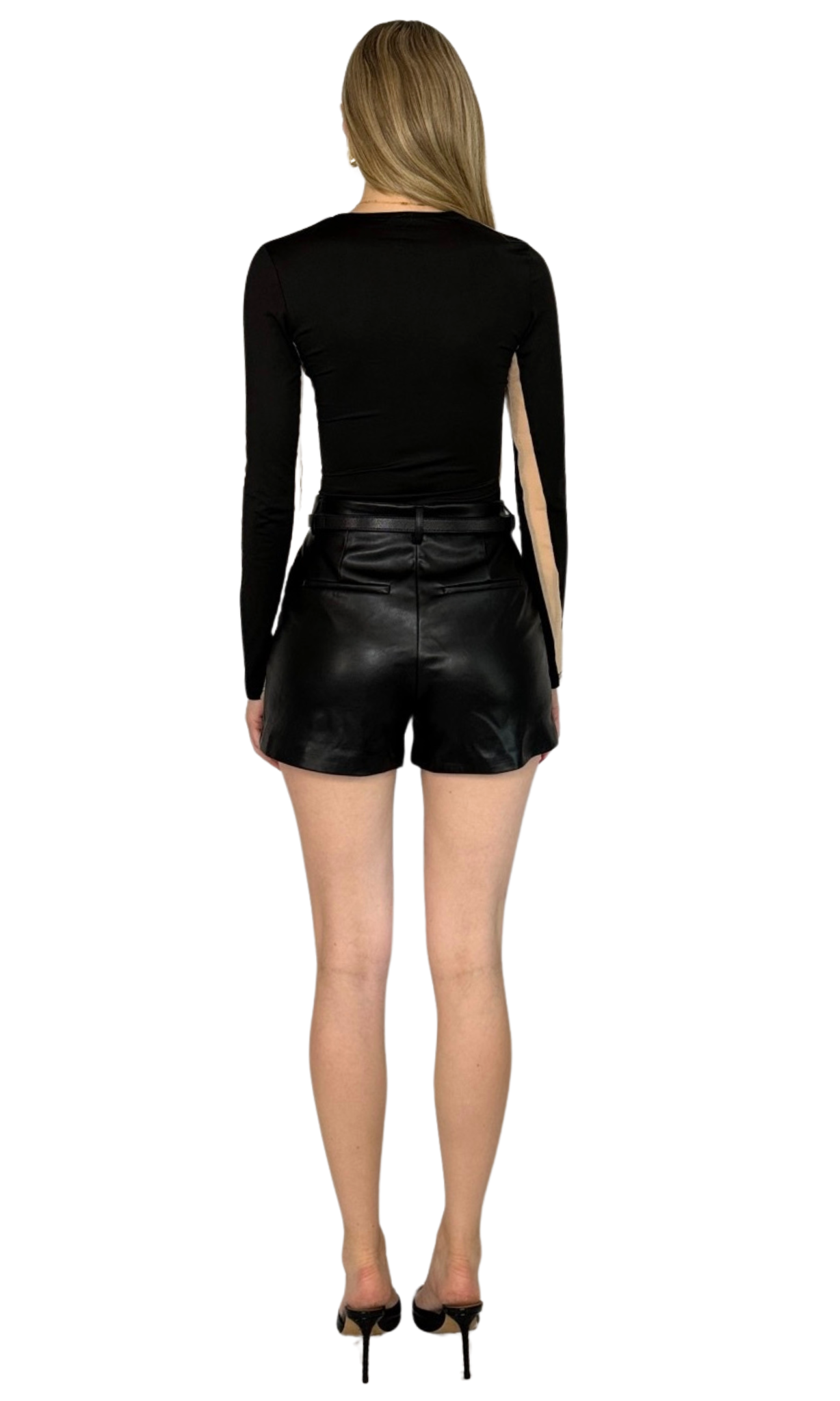 Mesh illusion bodysuit featuring sheer mesh panels along the front and sleeves, designed with ultra-stretch fabric for a sleek and comfortable fit.