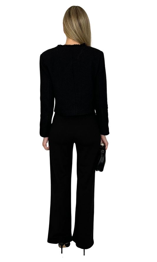 Women's high-waisted flared trousers with back hidden zipper and front seam detail – soft lightweight fabric for a flattering, comfortable fit