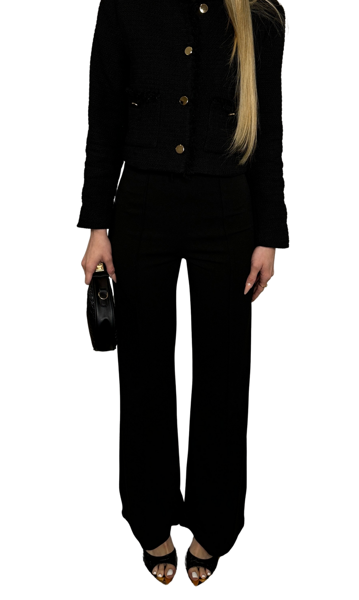 Women's high-waisted flared trousers with back hidden zipper and front seam detail – soft lightweight fabric for a flattering, comfortable fit