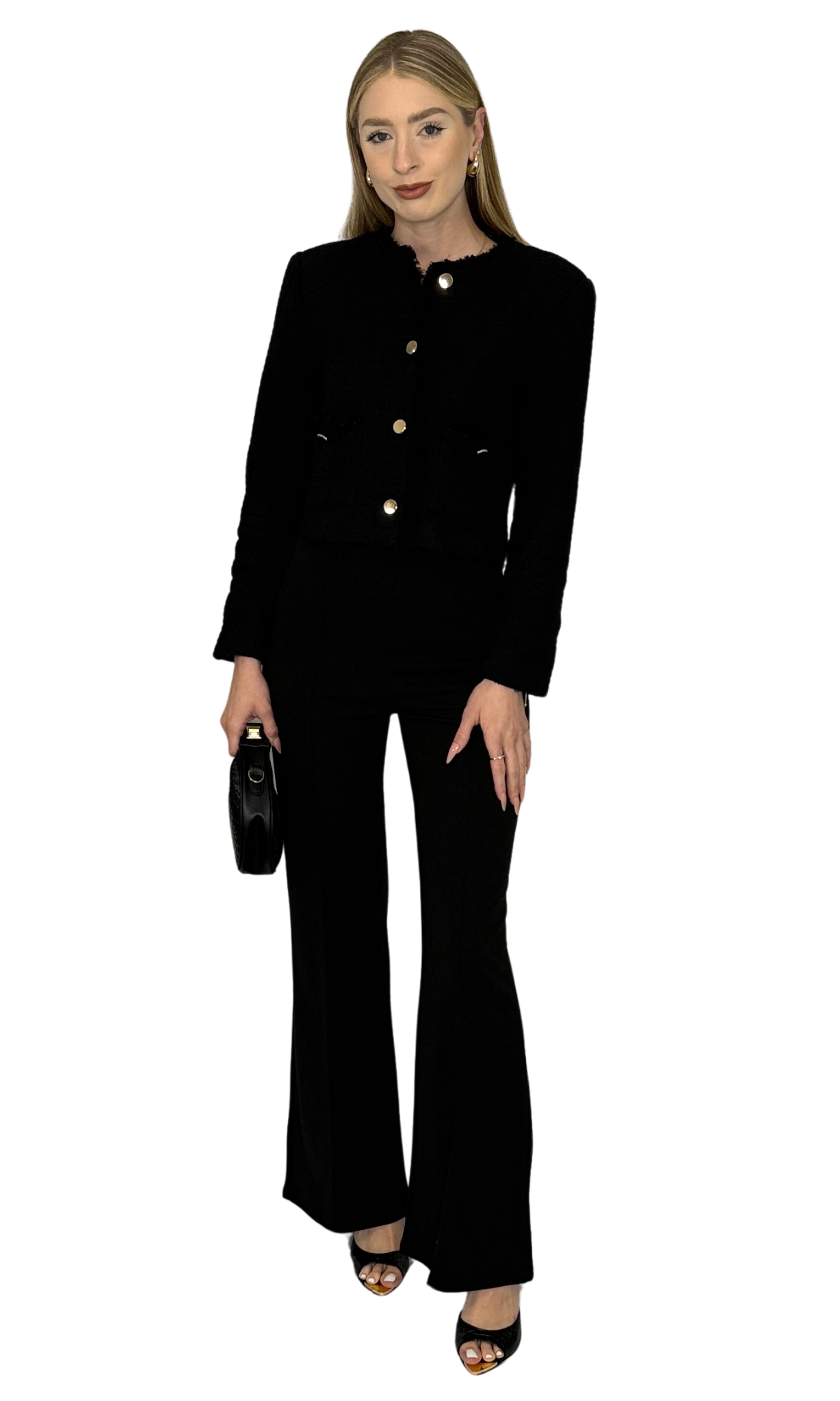 Women's high-waisted flared trousers with back hidden zipper and front seam detail – soft lightweight fabric for a flattering, comfortable fit