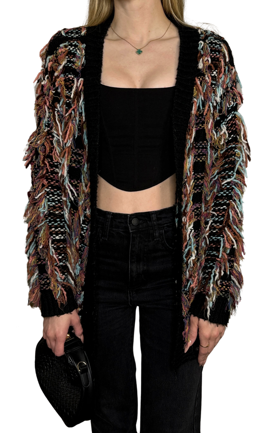 Multicolor open-front cardigan with fringe details and thick fabric for warmth and layering.