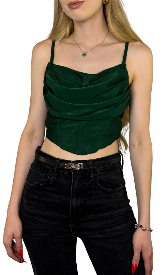 The Nelly Corset — knit draped corset top with angled front, adjustable straps, and faux corset detailing for a flattering fit.