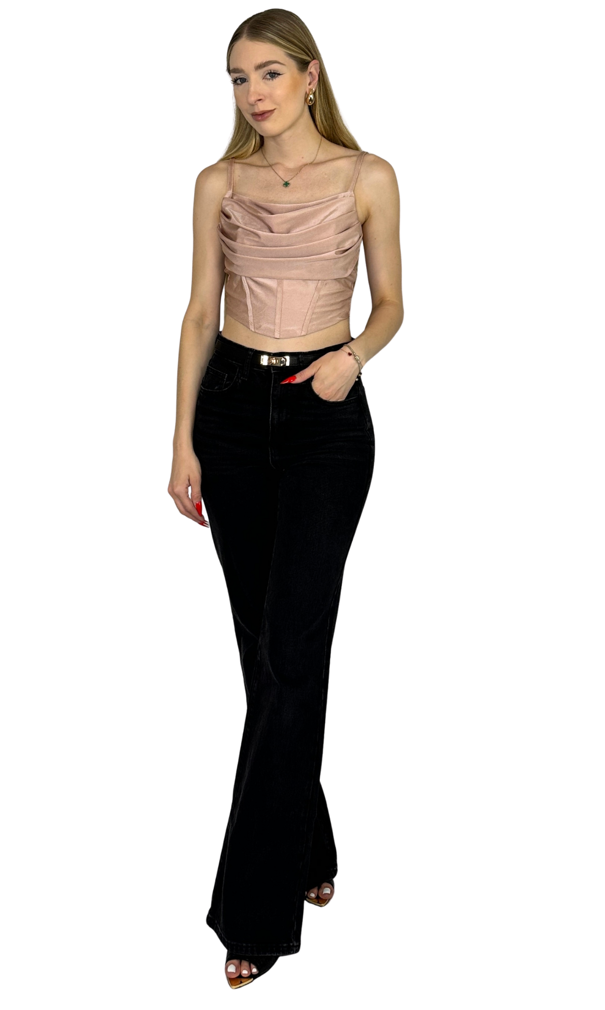 The Nelly Corset — knit draped corset top with angled front, adjustable straps, and faux corset detailing for a flattering fit.