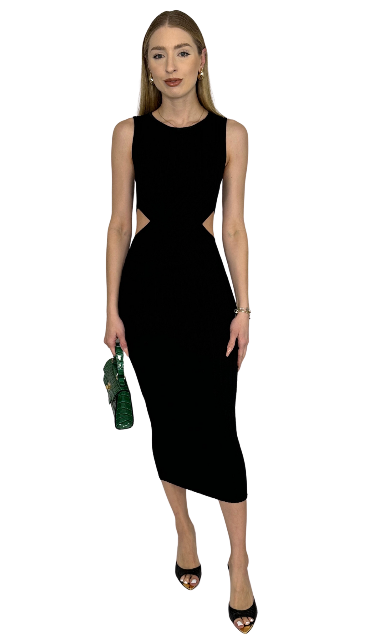 Black ribbed knit sleeveless dress with twisted front panel and open side details – versatile women’s fashion