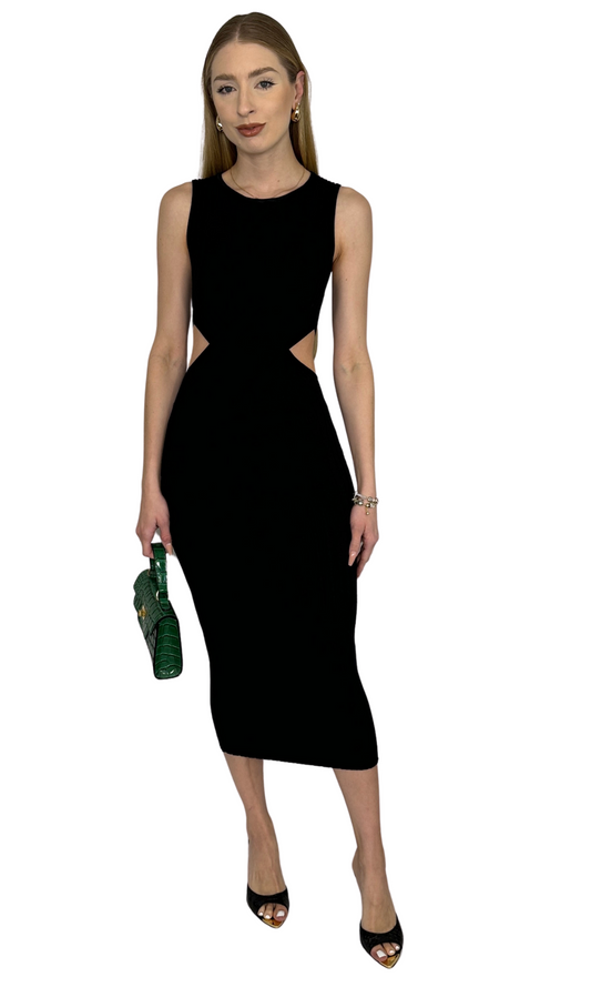 Black ribbed knit sleeveless dress with twisted front panel and open side details – versatile women’s fashion