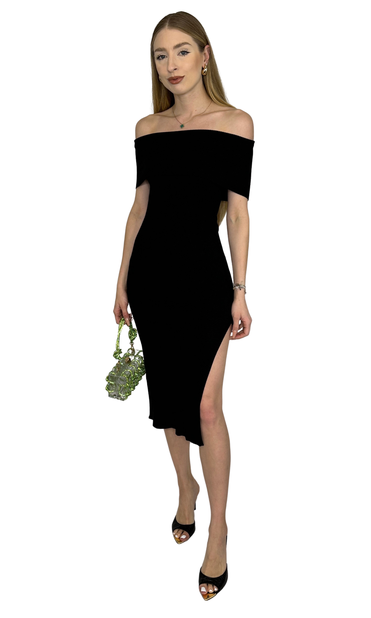 Women's black off the shoulder ribbed knit midi dress – elegant and sophisticated evening wear
