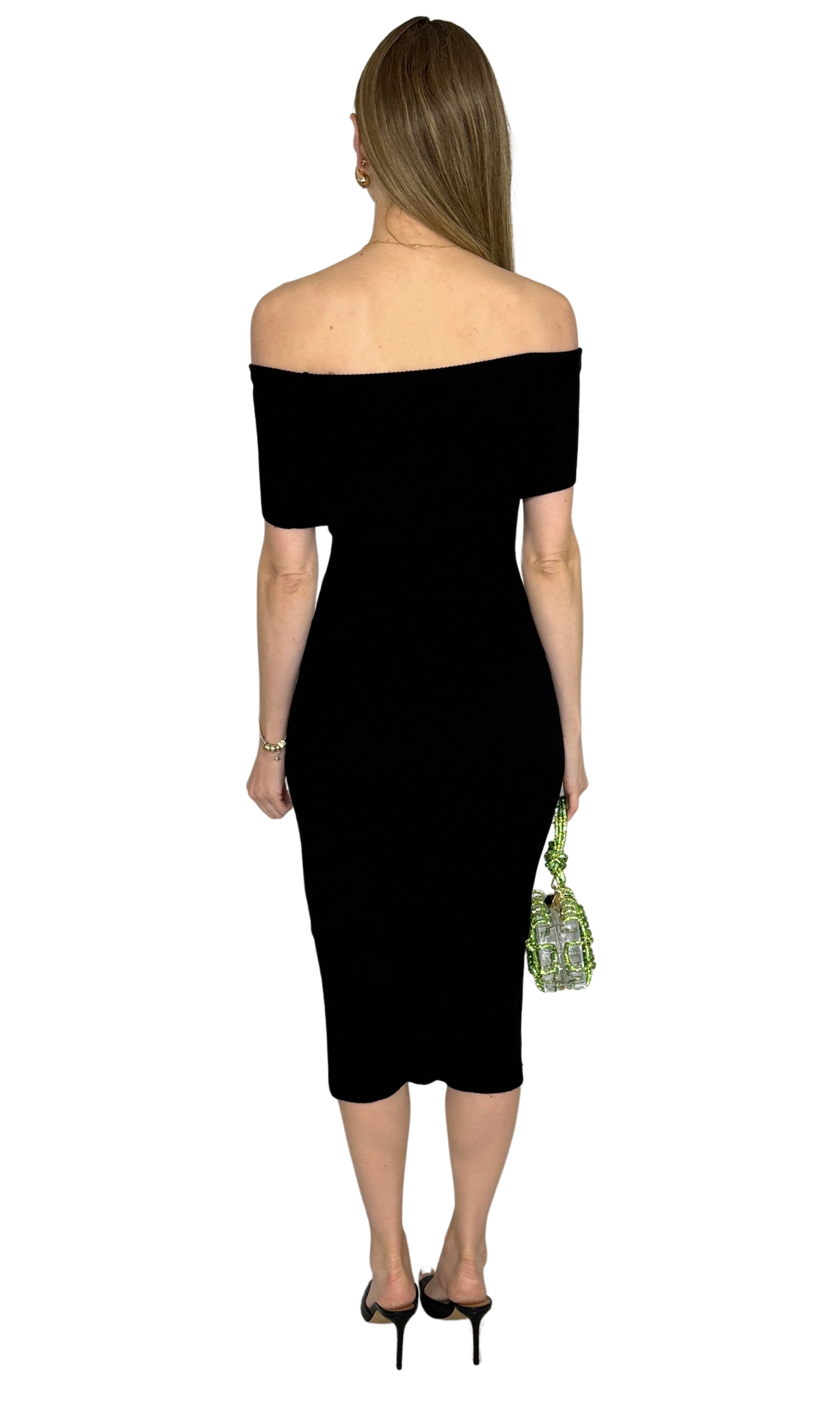 Women's black off the shoulder ribbed knit midi dress – elegant and sophisticated evening wear