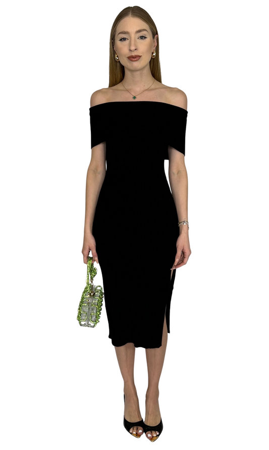 Women's black off the shoulder ribbed knit midi dress – elegant and sophisticated evening wear