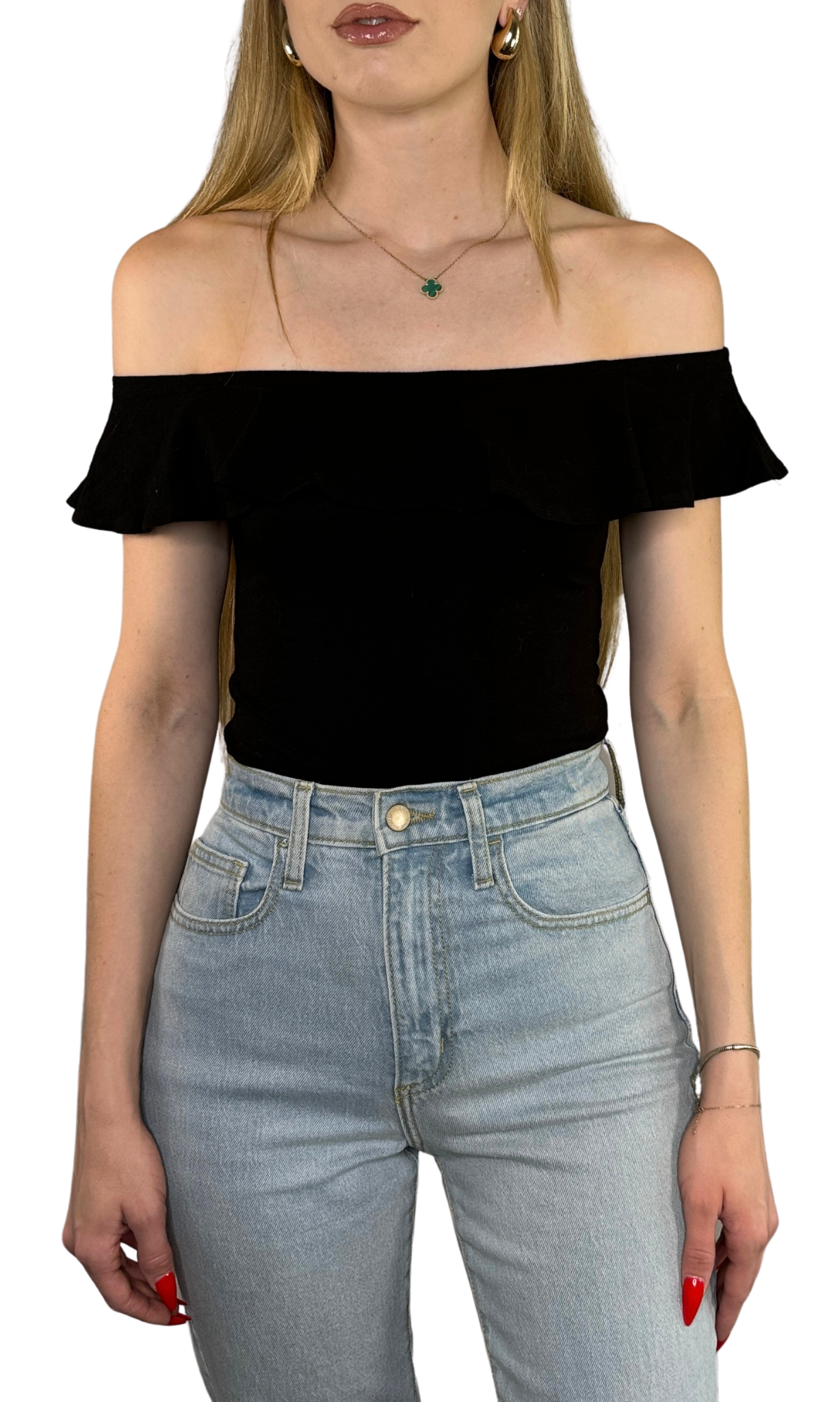 Off-the-shoulder ruffle bodysuit with a full bottom and snap closure, made from breathable cotton fabric for a comfortable and stylish fit.