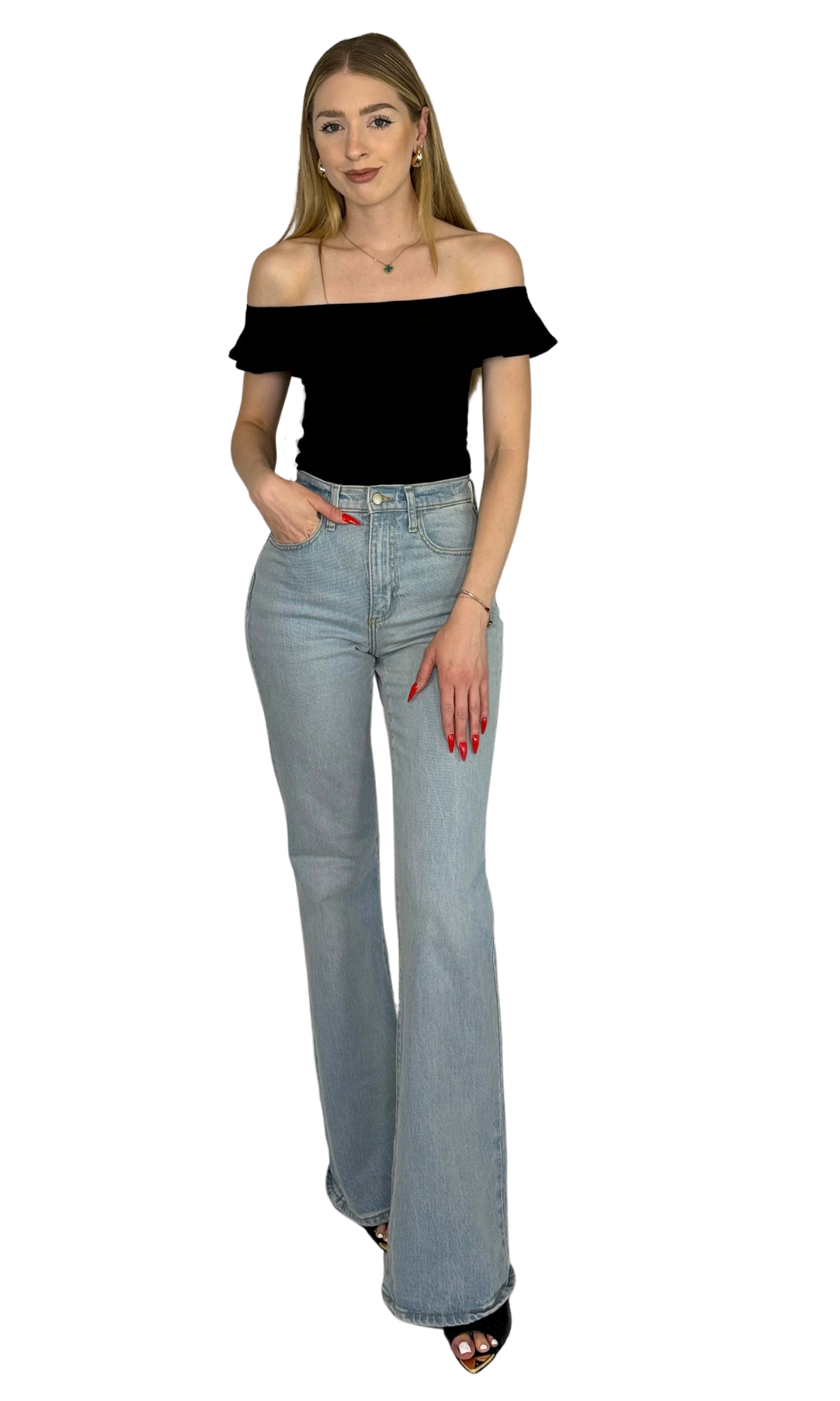 Off-the-shoulder ruffle bodysuit with a full bottom and snap closure, made from breathable cotton fabric for a comfortable and stylish fit.