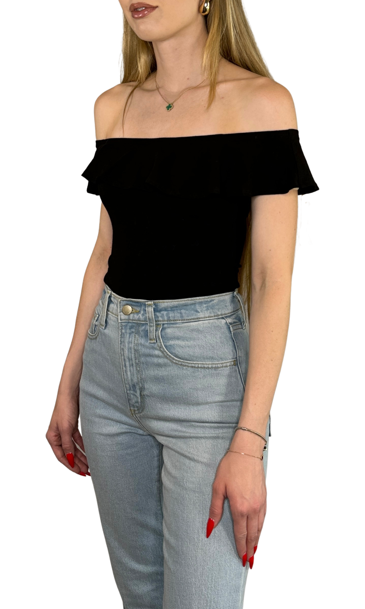 Off-the-shoulder ruffle bodysuit with a full bottom and snap closure, made from breathable cotton fabric for a comfortable and stylish fit.