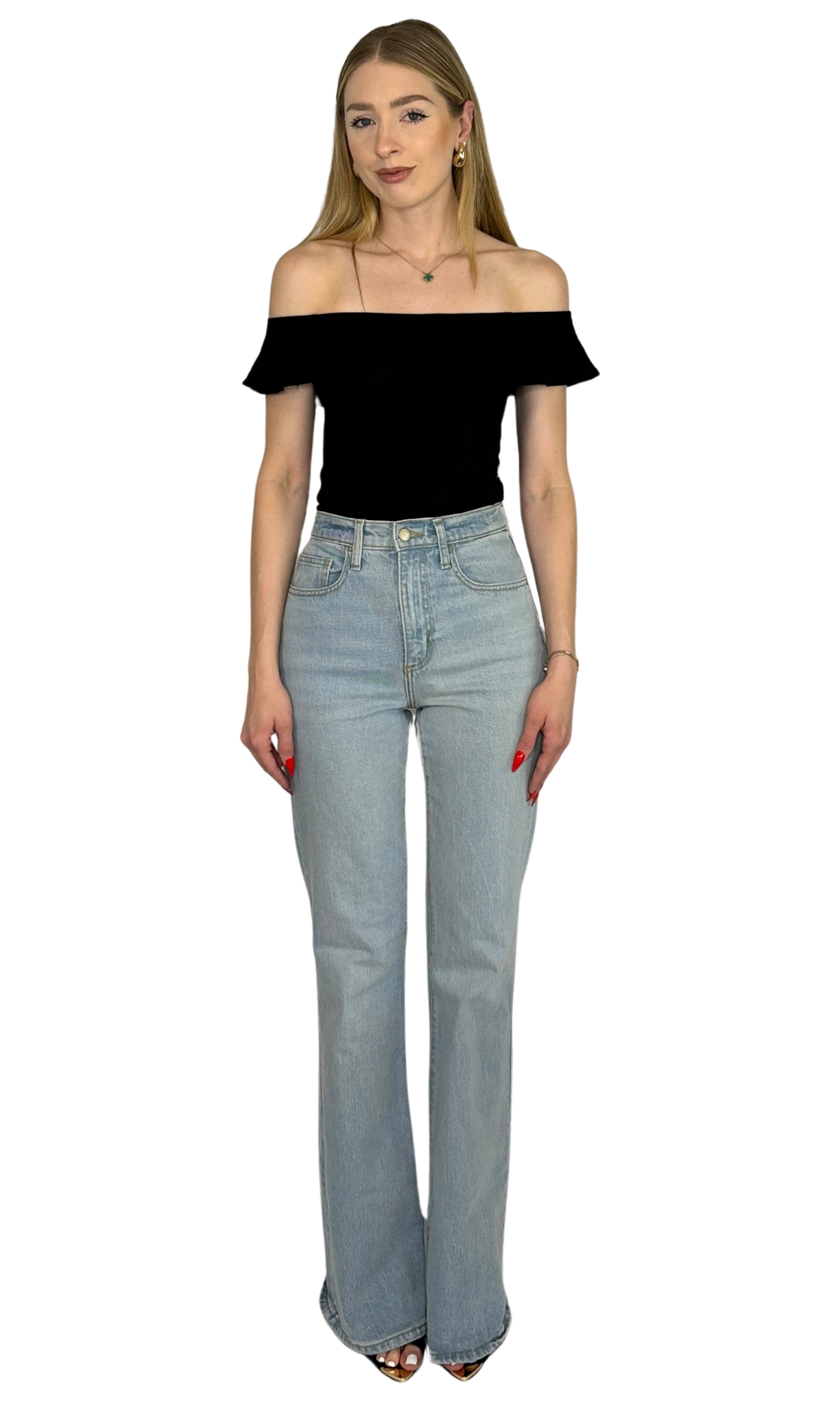 Off-the-shoulder ruffle bodysuit with a full bottom and snap closure, made from breathable cotton fabric for a comfortable and stylish fit.