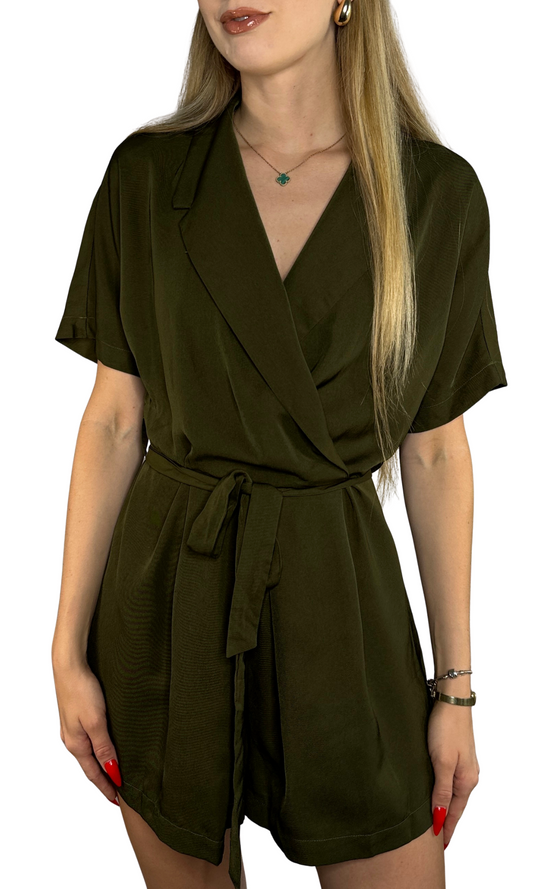 Olive green romper with waist tie belt, hidden zip-up back, and button closure — perfect for day-to-night wear.