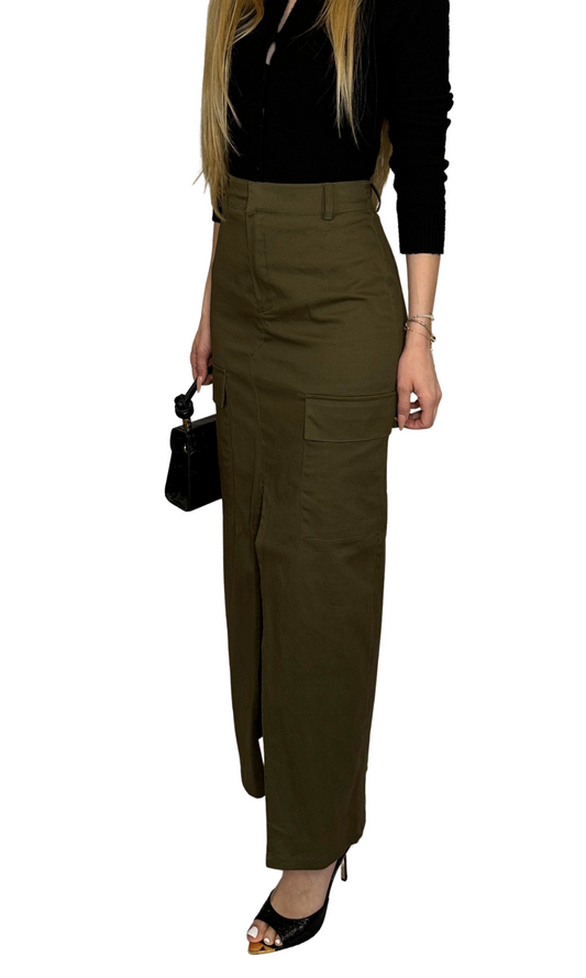 Women's long olive green cargo skirt with front slit – functional and stylish piece for elevated everyday or streetwear looks
