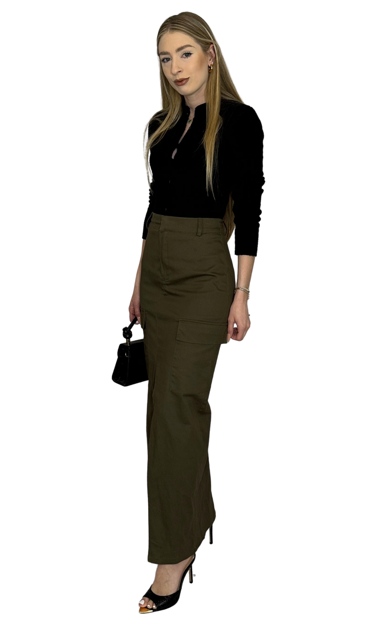 Women's long olive green cargo skirt with front slit – functional and stylish piece for elevated everyday or streetwear looks