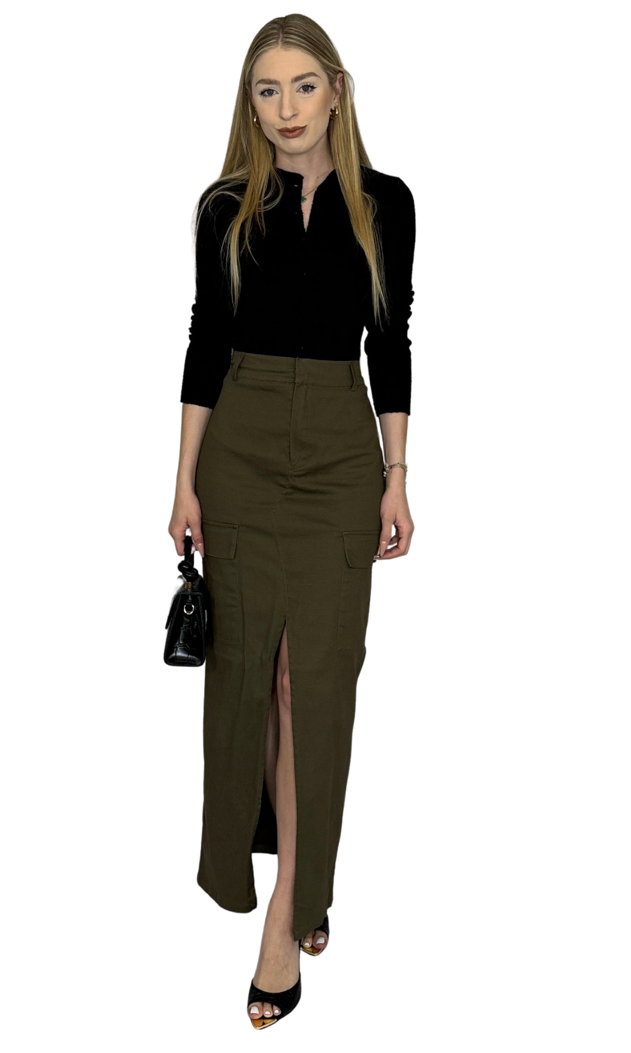 Women's long olive green cargo skirt with front slit – functional and stylish piece for elevated everyday or streetwear looks
