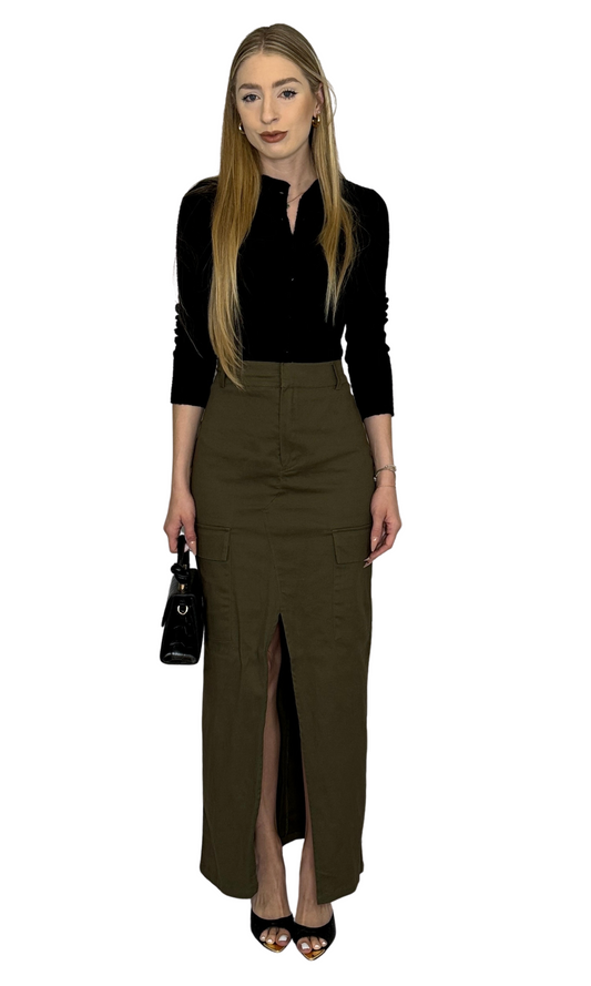 Women's long olive green cargo skirt with front slit – functional and stylish piece for elevated everyday or streetwear looks