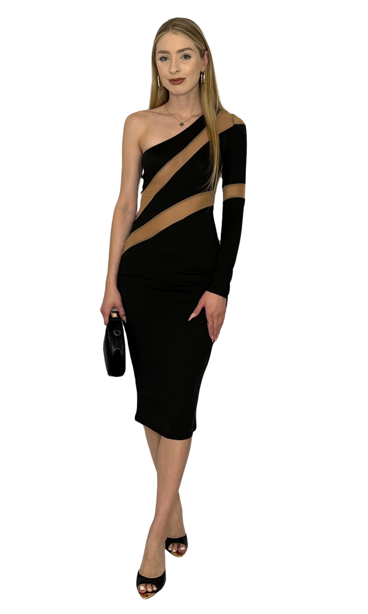 Black one-shoulder mini dress with mesh panel inserts on front, back, and sleeve, unlined design