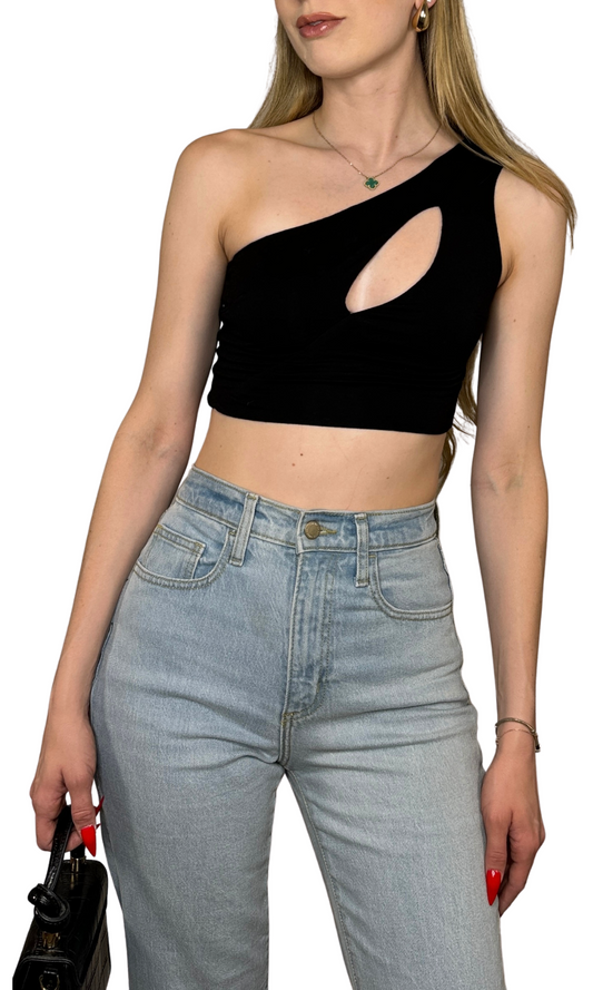 One shoulder crop top with front keyhole detail and double-lined fabric for a sleek, stylish look and all-day comfort.