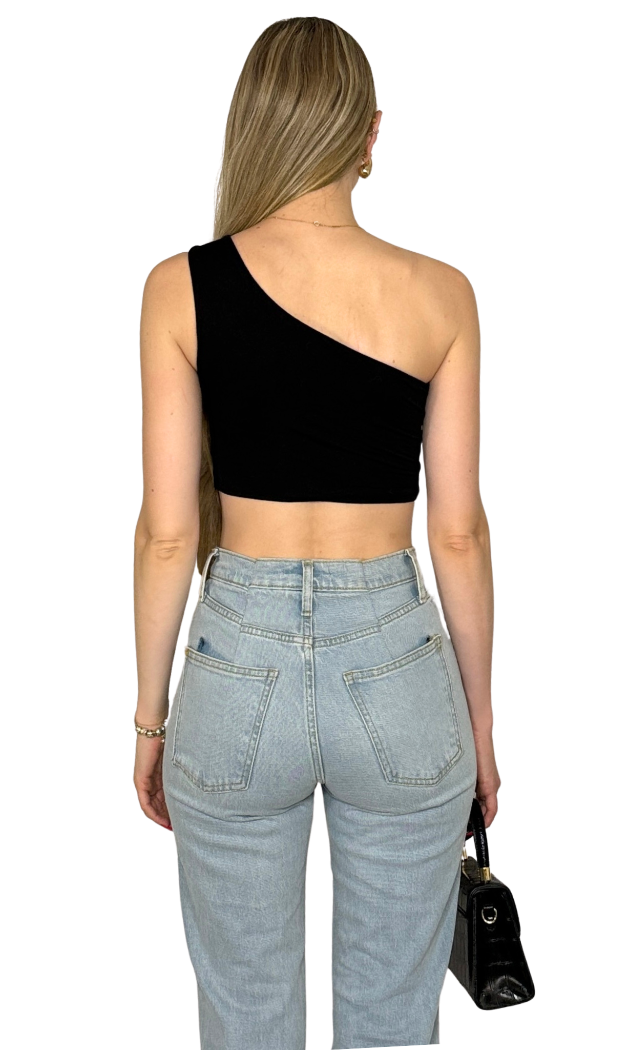 One shoulder crop top with front keyhole detail and double-lined fabric for a sleek, stylish look and all-day comfort.