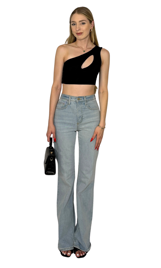 One shoulder crop top with front keyhole detail and double-lined fabric for a sleek, stylish look and all-day comfort.