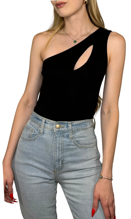 One shoulder thong bodysuit with keyhole front detail and double lined stretch fabric for a secure, flattering fit.