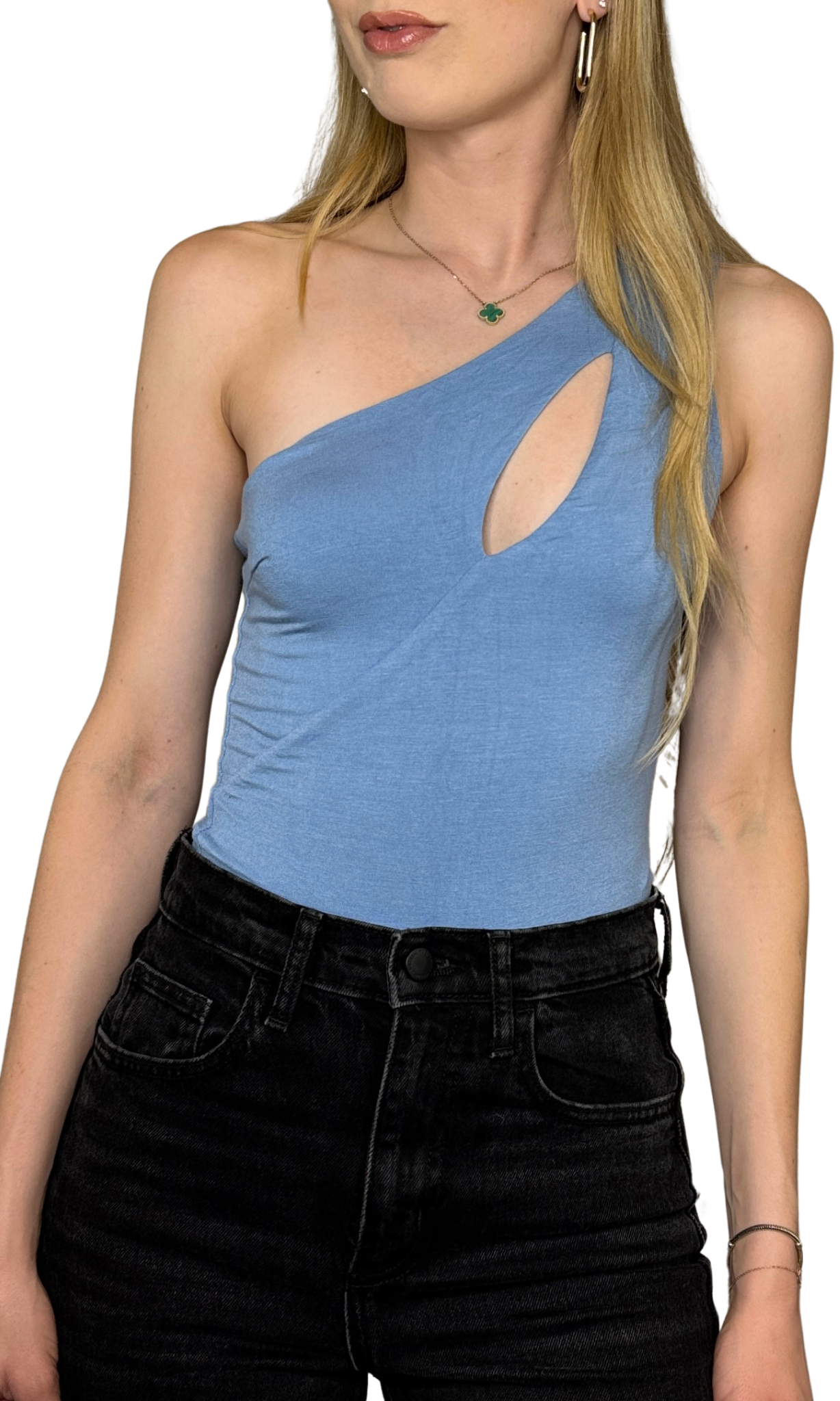 One shoulder thong bodysuit with keyhole front detail and double lined stretch fabric for a secure, flattering fit.