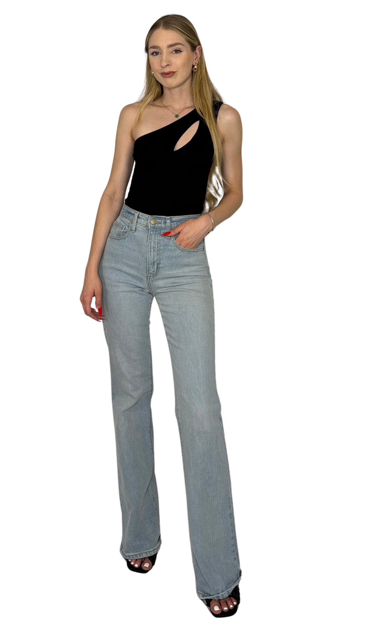 One shoulder thong bodysuit with keyhole front detail and double lined stretch fabric for a secure, flattering fit.