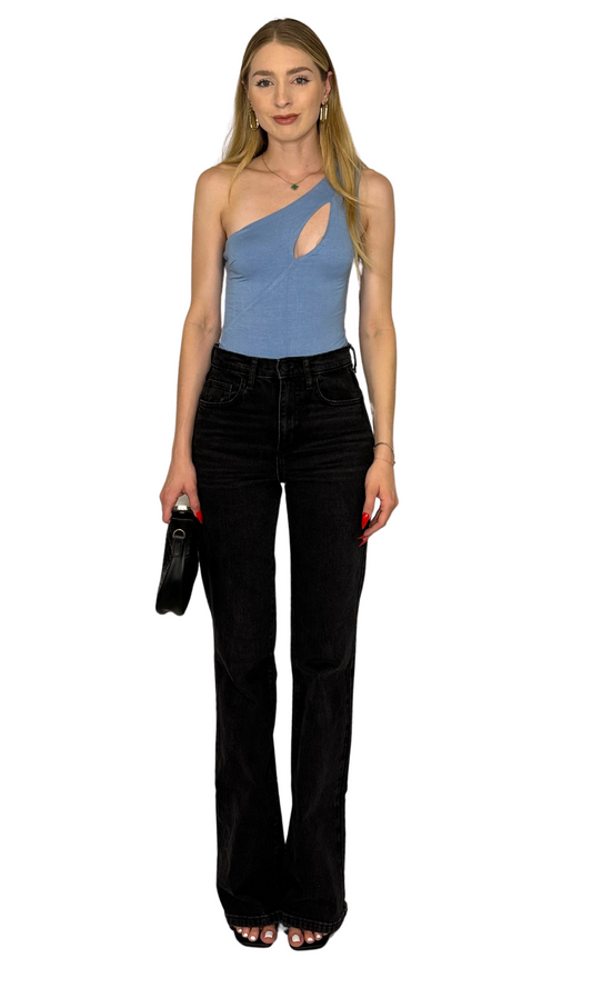 One shoulder thong bodysuit with keyhole front detail and double lined stretch fabric for a secure, flattering fit.