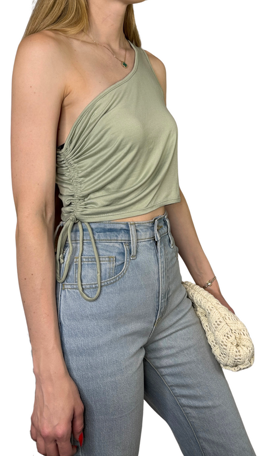 One shoulder crop top with adjustable ruched tie sides and a flattering neckline for a comfortable, stylish fit.