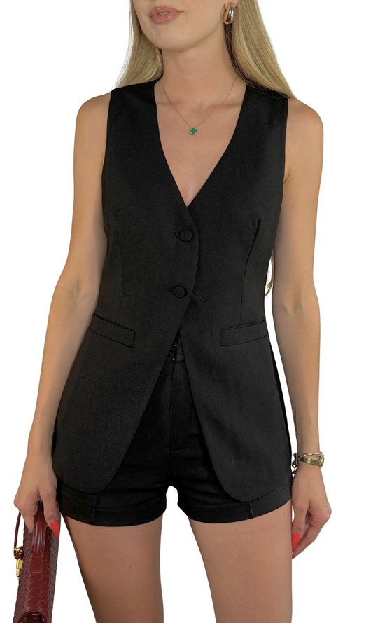 Palmer black textured woven vest top with a longline, sleeveless tailored design, perfect for layering and adding sophisticated style to any outfit.