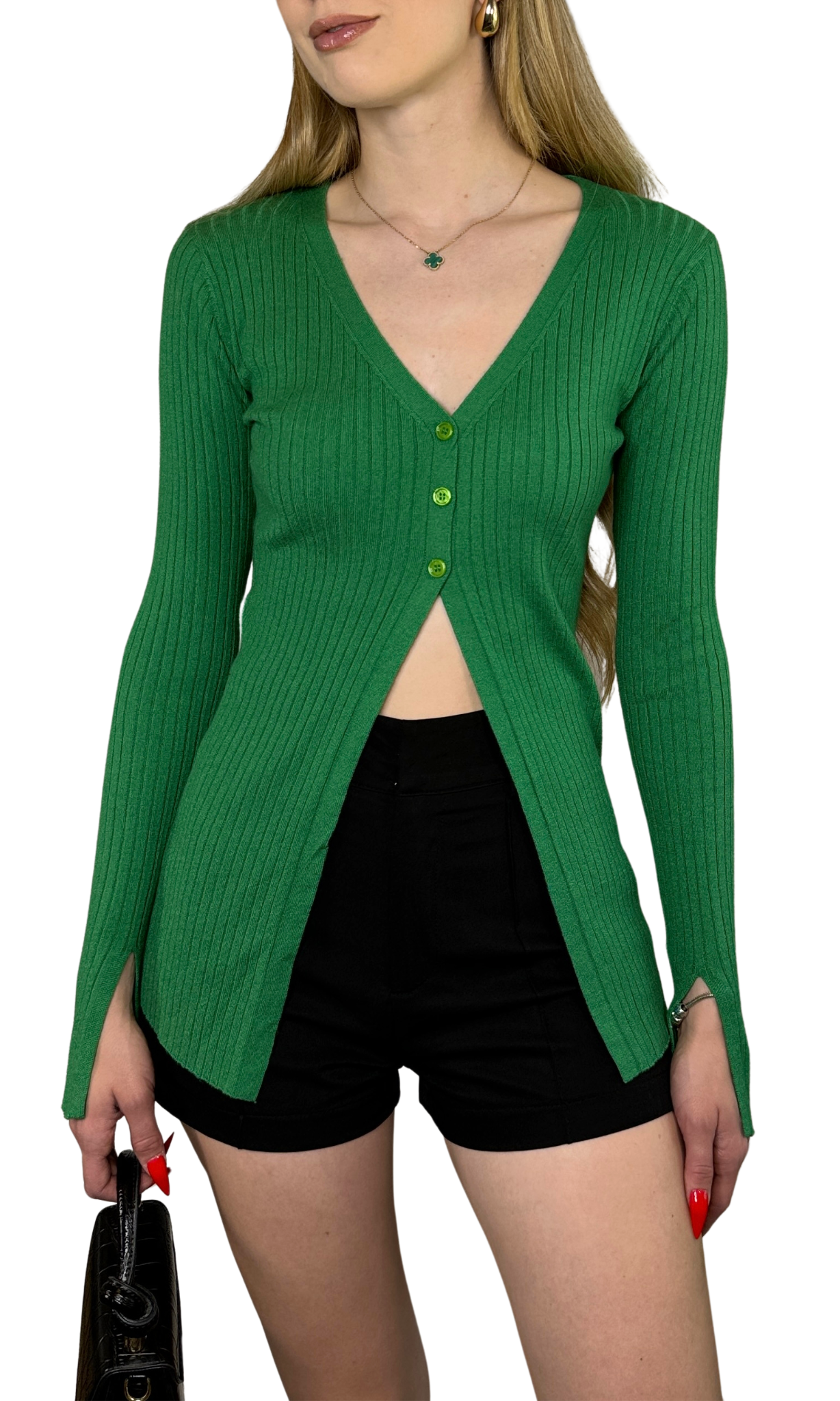 Paris Sweater – a soft ribbed knit longline cardigan featuring a deep V-neckline, long sleeves with subtle slits, and a button-down front for timeless comfort and style.