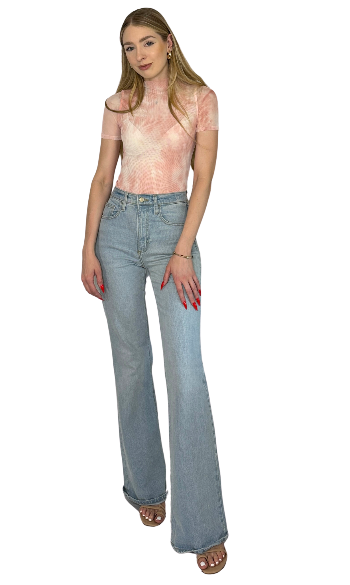 Mock neck pink tie dye mesh bodysuit with short sleeves, thong cut, and snap closure made from stretchy mesh fabric for a flattering and comfortable fit.