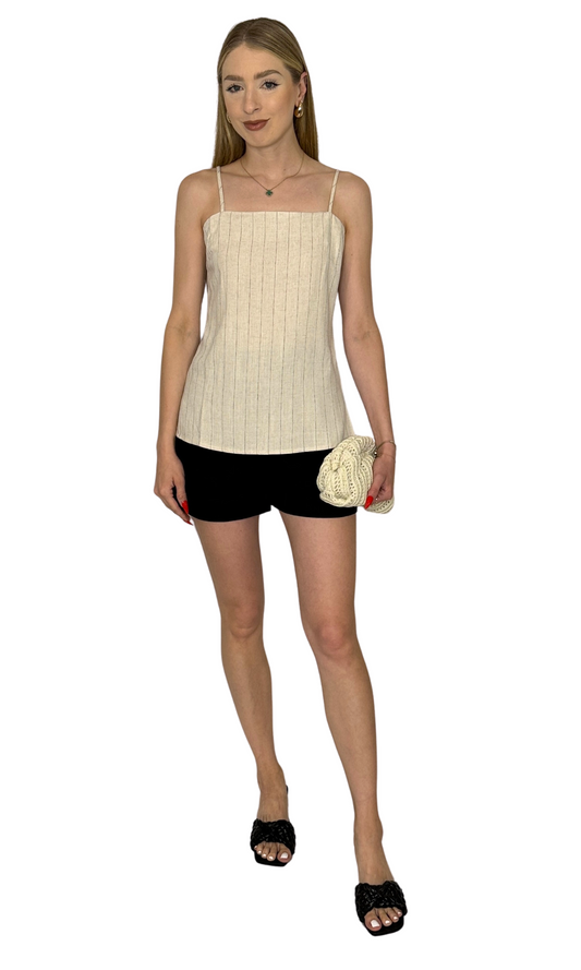 Sleeveless pinstripe cami featuring a square neckline, adjustable spaghetti straps, and a back zipper closure, crafted from a linen blend fabric for a flattering and effortlessly elegant look — the Yara Cami.