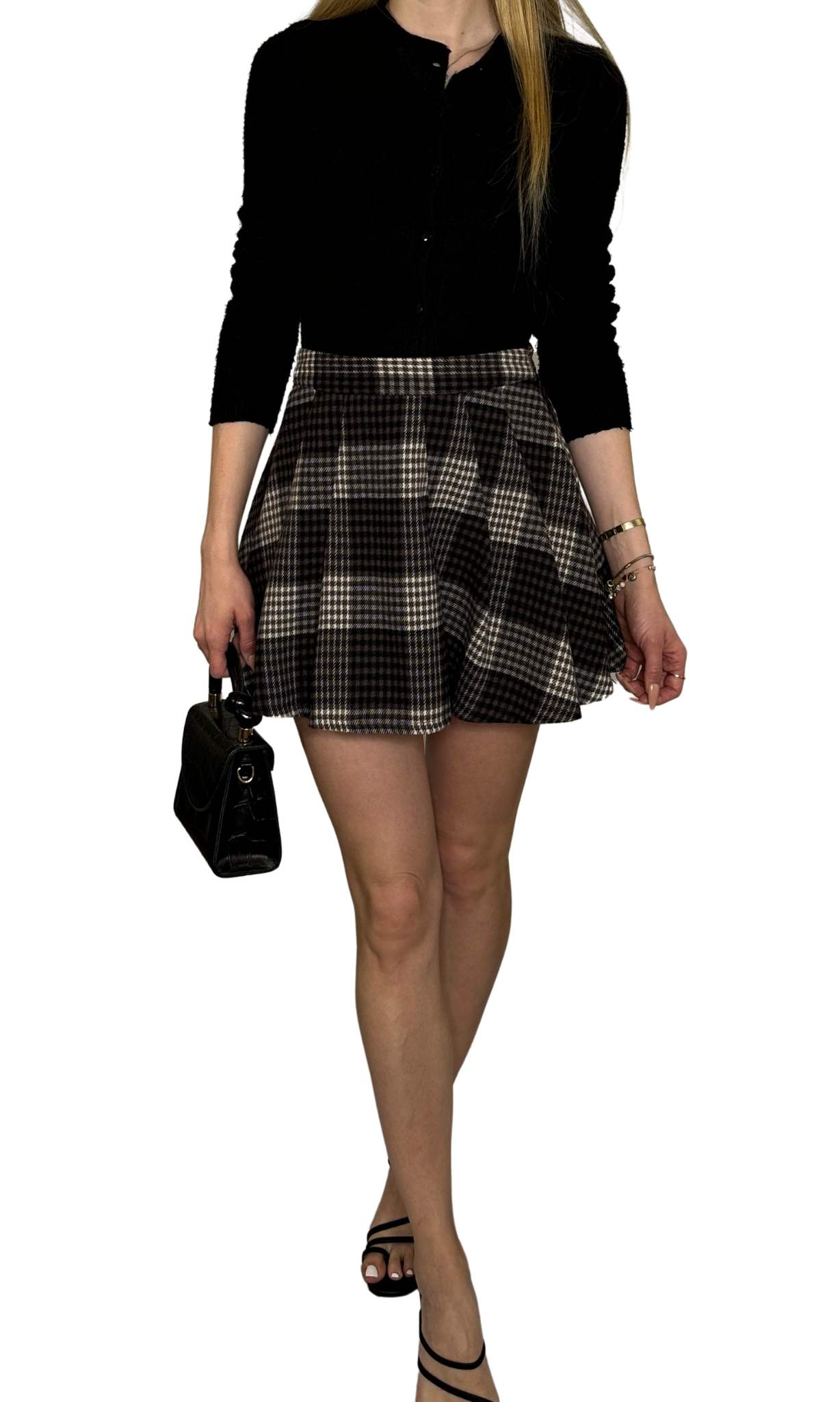 Women's pleated houndstooth plaid mini skirt with side zipper – timeless classic with subtle textured details for a polished look