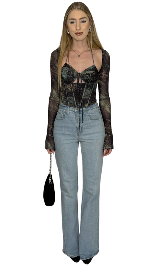 Printed mesh corset top featuring long sleeves, front and back boning, underbust cup wire, front tie, and neck tie at the back, offering structured support and unique style for all-day wear.