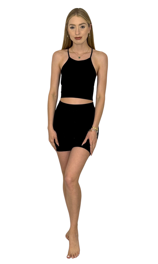 Women's ribbed biker shorts and crop top workout set – sweat-wicking, compression activewear for fitness or lounging