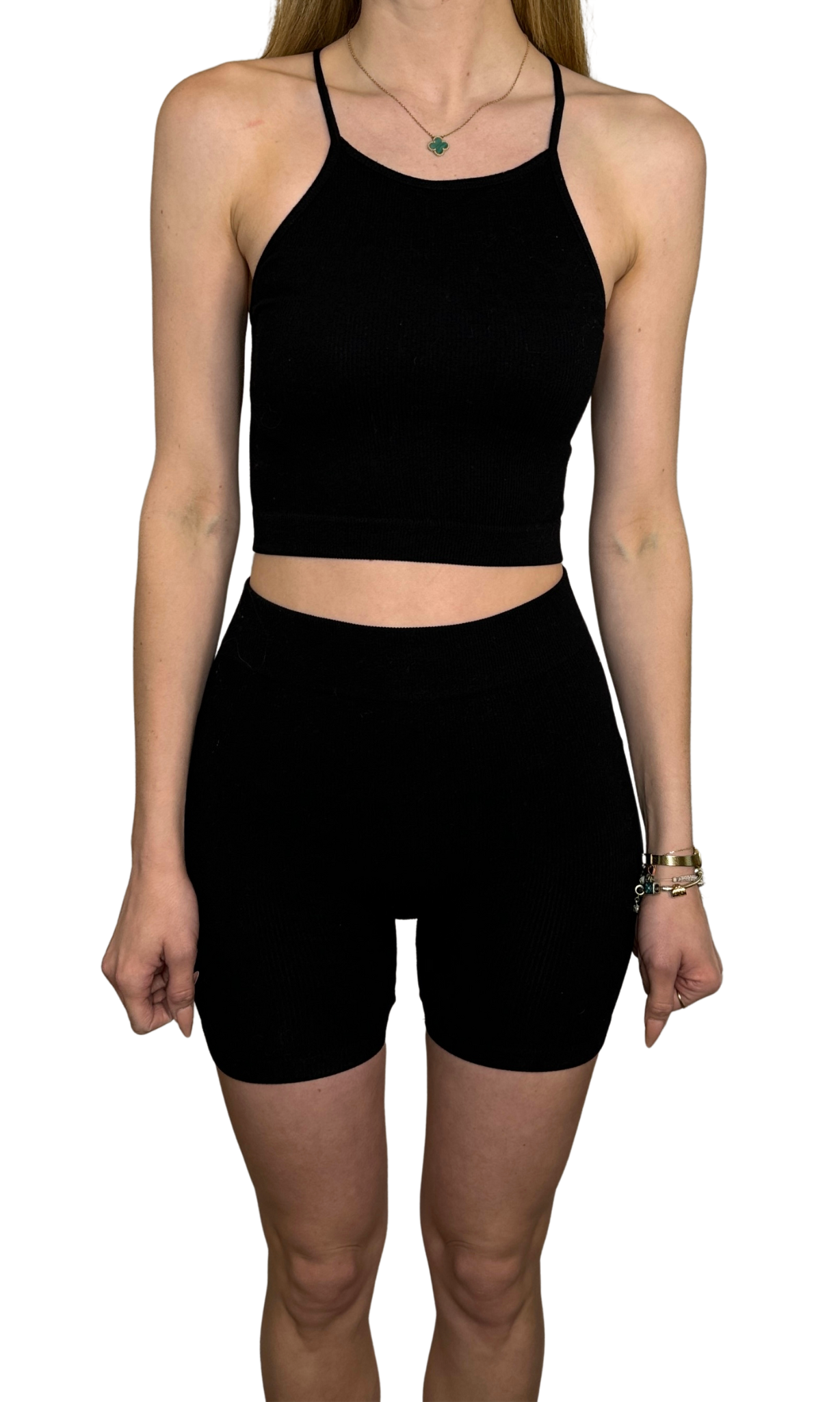 Women's ribbed biker shorts and crop top workout set – sweat-wicking, compression activewear for fitness or lounging