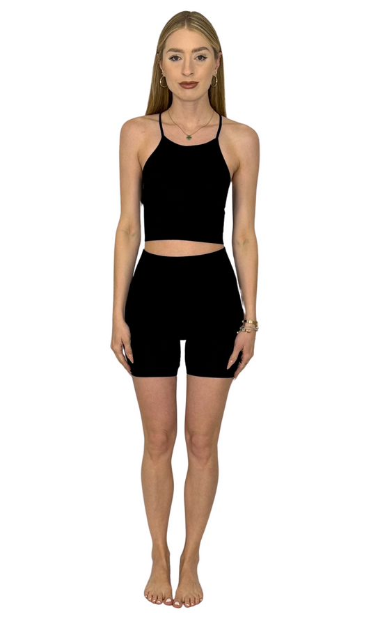 Women's ribbed biker shorts and crop top workout set – sweat-wicking, compression activewear for fitness or lounging