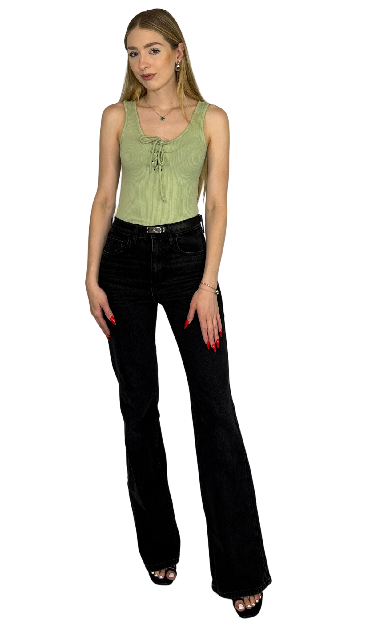Super soft ribbed bodysuit featuring lace-up front detail and snap closure at the crotch, offering a comfortable and stylish fit perfect for any season.