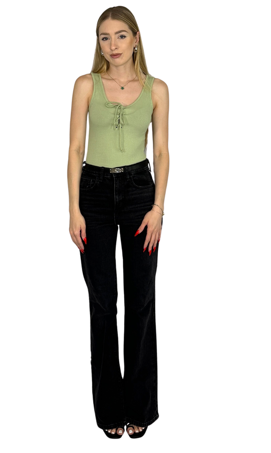 Super soft ribbed bodysuit featuring lace-up front detail and snap closure at the crotch, offering a comfortable and stylish fit perfect for any season.