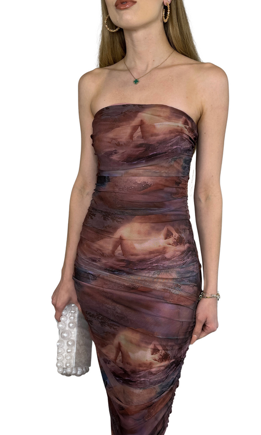 Strapless mesh maxi dress with ruched sides and Roman Cloud print – fully lined evening dress for special occasions