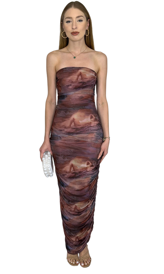 Strapless mesh maxi dress with ruched sides and Roman Cloud print – fully lined evening dress for special occasions