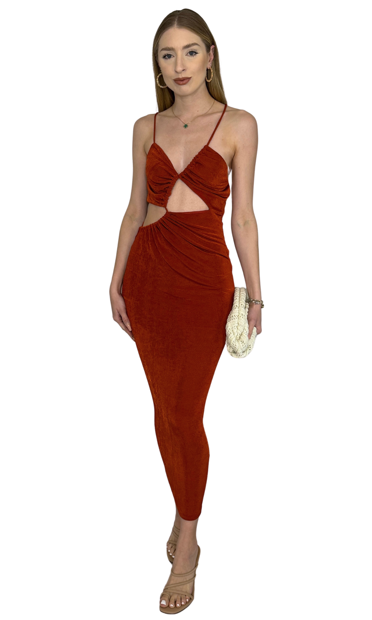 Rust-colored lined maxi dress with adjustable front straps and cross back – breathable silhouette for warm weather or special occasions
