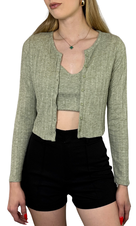 Sage green ribbed bralette cropped tank top paired with a matching button down cardigan, made from lightweight, breathable fabric for all-day comfort and versatile layering.