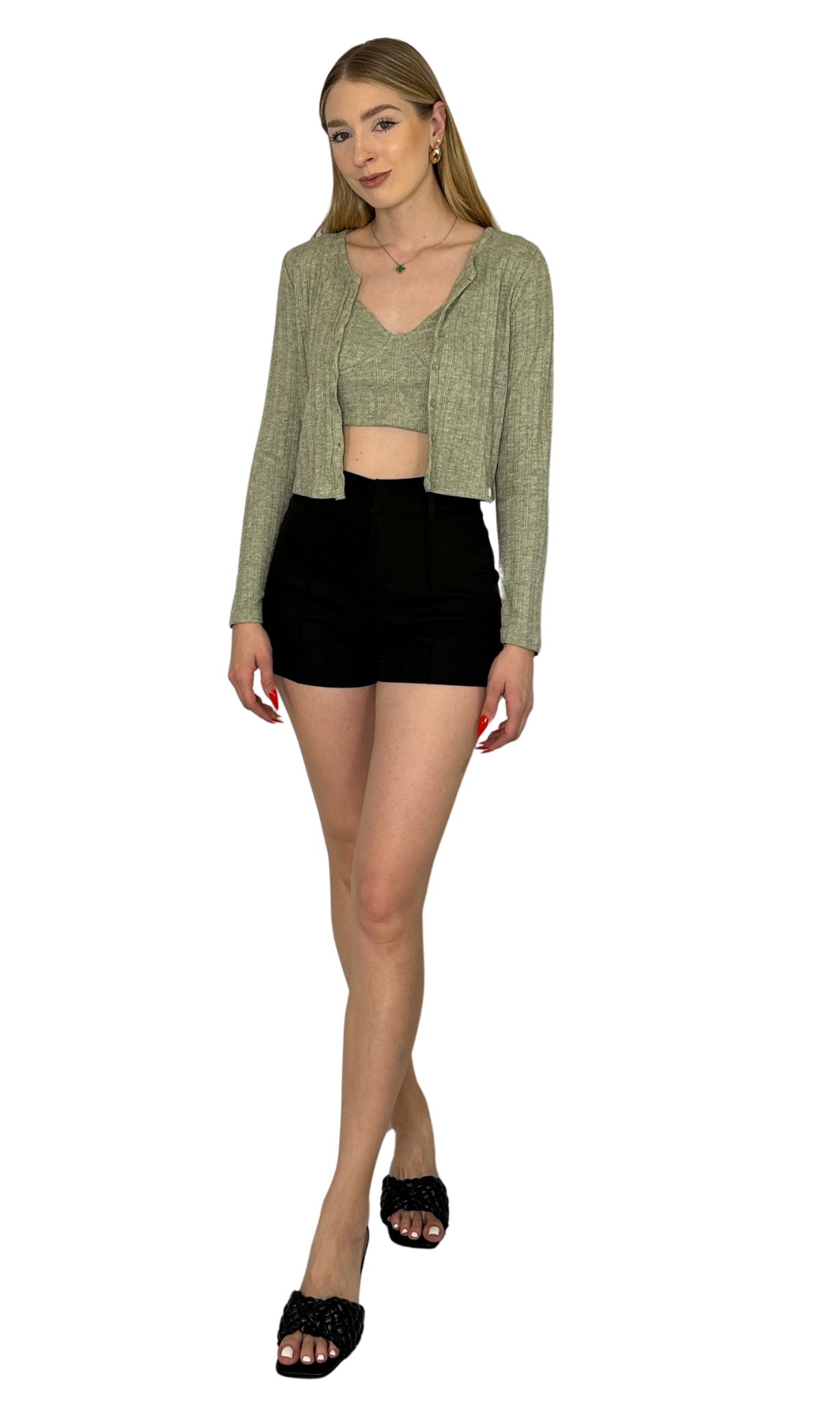 Sage green ribbed bralette cropped tank top paired with a matching button down cardigan, made from lightweight, breathable fabric for all-day comfort and versatile layering.