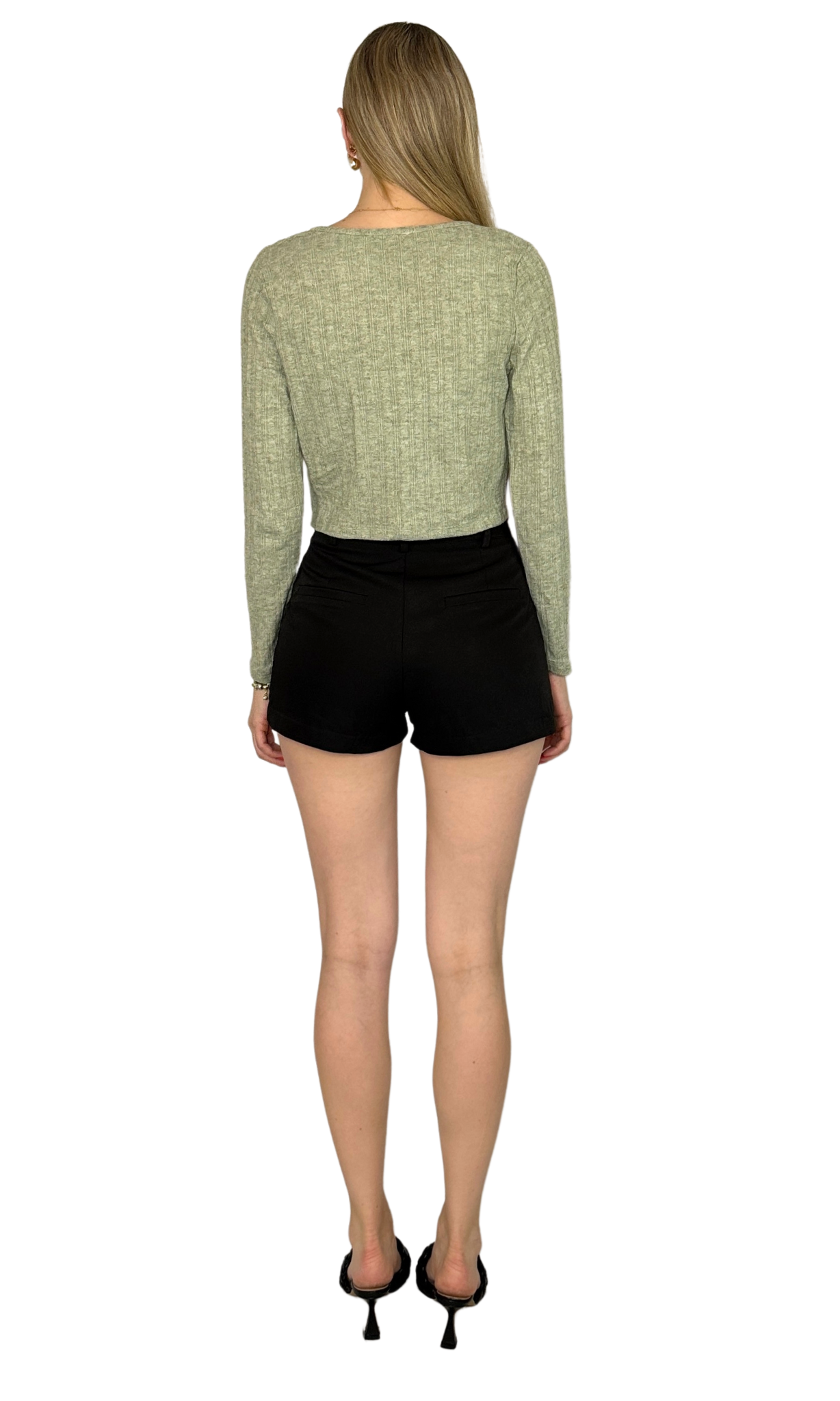 Sage green ribbed bralette cropped tank top paired with a matching button down cardigan, made from lightweight, breathable fabric for all-day comfort and versatile layering.